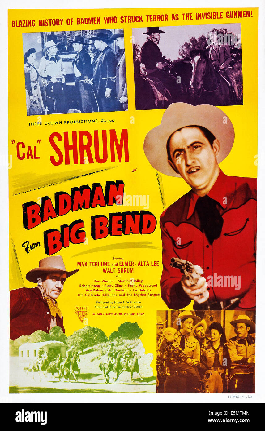 SWING, COWBOY, SWING, (aka BAD MAN FROM BIG BEND, reissue title), US poster art, right: Cal Shrum, 1946 Stock Photo
