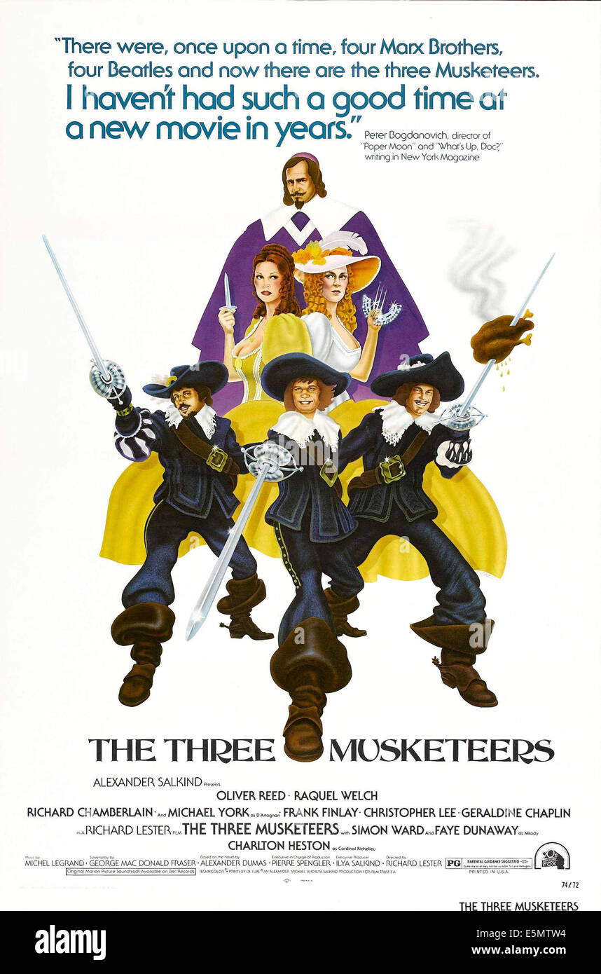 THE THREE MUSKETERS, front from left: Oliver Reed, Michael York, Richard chamberlain, center from left: Raquel Welch, Faye Stock Photo