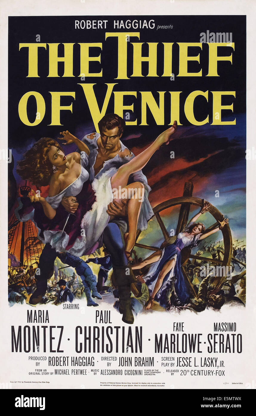 THE THIEF OF VENICE, (aka IL LARDO DI VENEZIA), US poster, from left: Maria Montez, Paul Christian, (aka Paul Hubschmid), 1950 Stock Photo