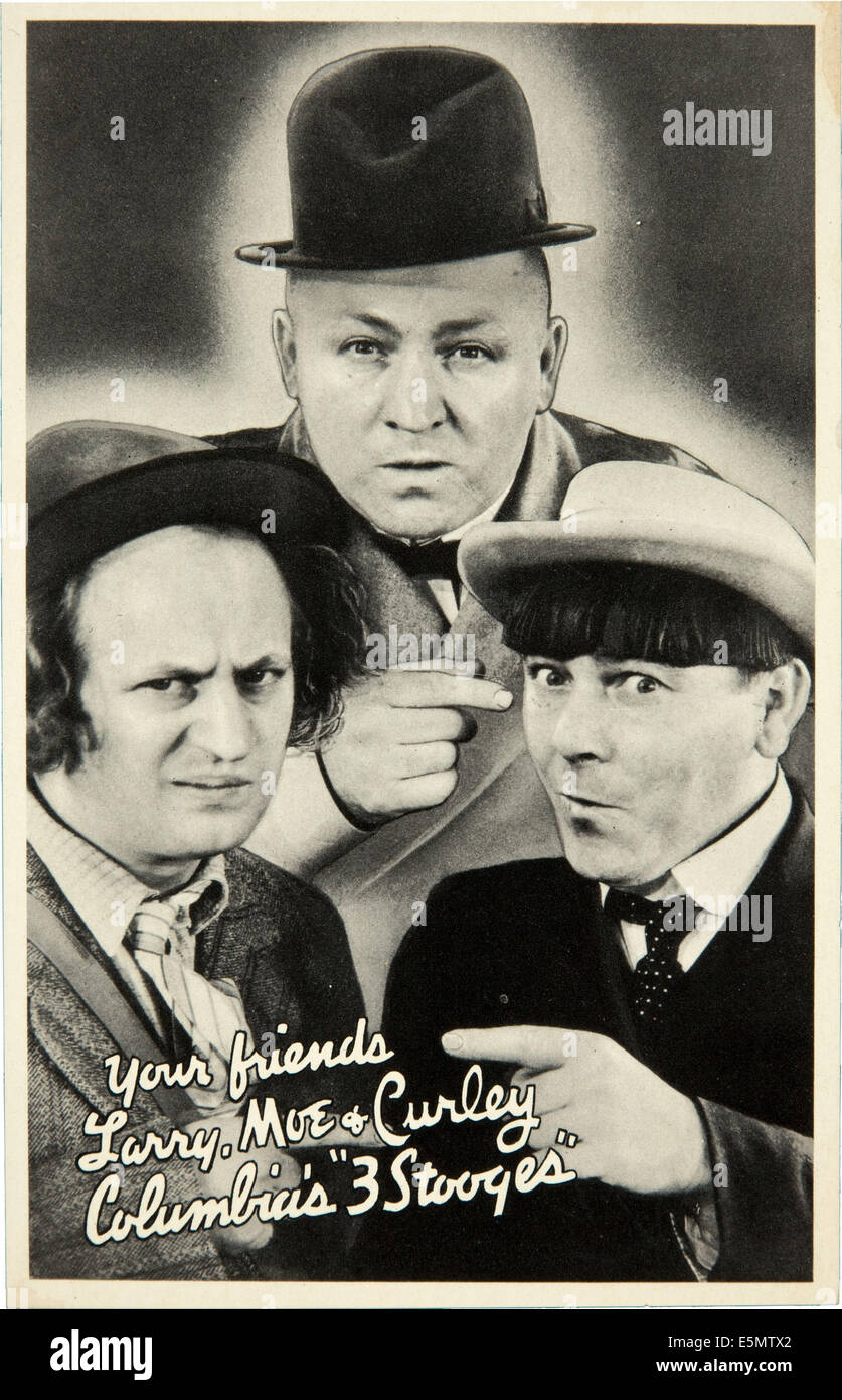 THIS ONE, The Three Stooges l-r: Larry Fine, Curly Howard, Moe Howard on promotional poster for industry only short, ca. 1937. Stock Photo