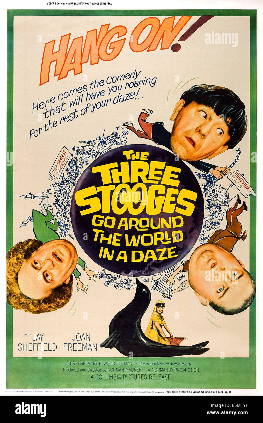 THE THREE STOOGES GO AROUND THE WORLD IN A DAZE, l-r: Moe Howard, Joe DeRita, larry Fine, bottom: Joan Freeman on poster art, Stock Photo