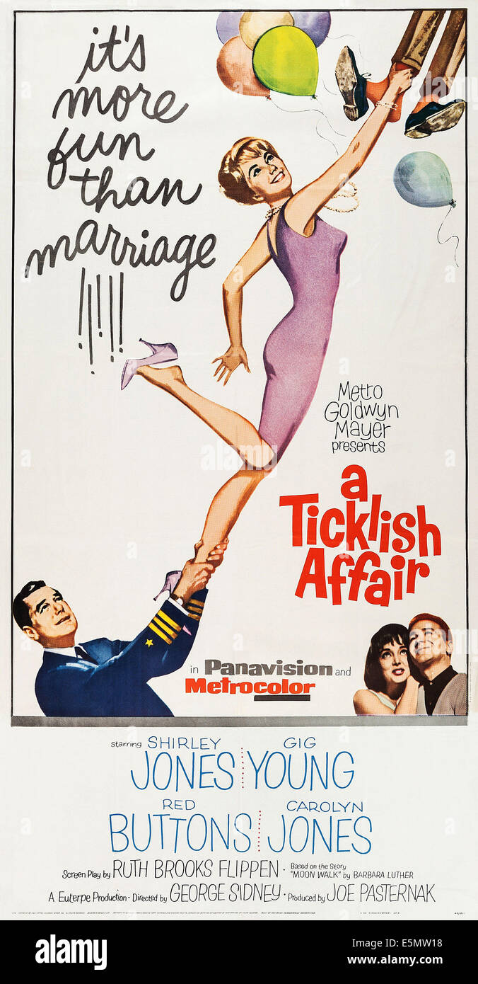 A TICKLISH AFFAIR, US poster, from left: gig Young, Shirley Jones, Carolyn Jones, Red Buttons, 1963 Stock Photo