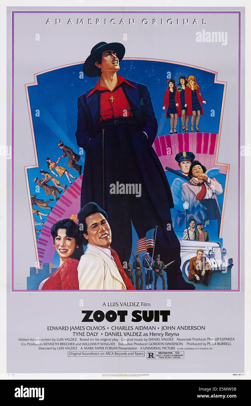 ZOOT SUIT, US poster art, from left, Rose Portillo, Daniel Valdez, Edward James Olmos, 1981, ©Universal/courtesy Everett Stock Photo