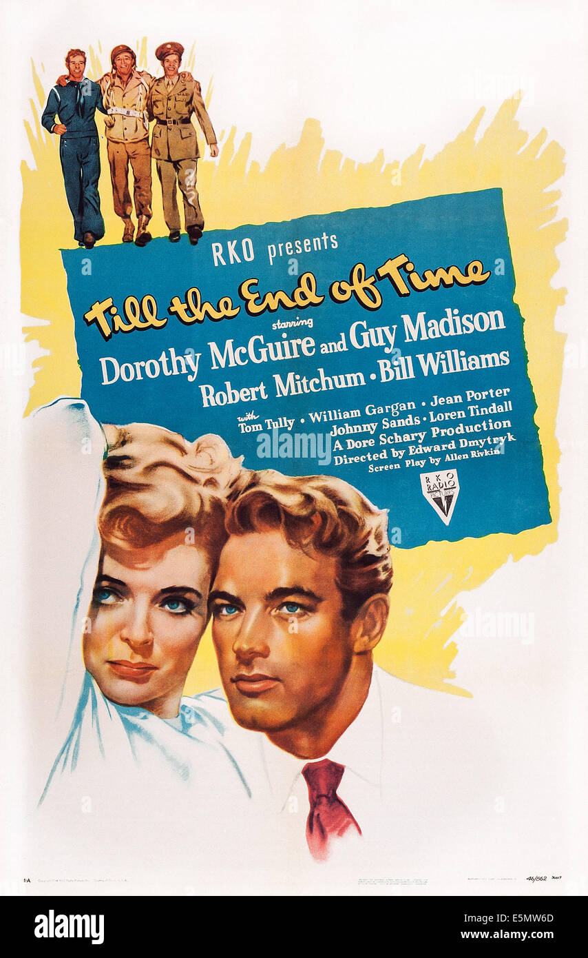 TILL THE END OF TIME, US poster, top from left: Guy Madison, Robert Mitchum, Bill Williams, bottom from left: Dorothy McGuire, Stock Photo