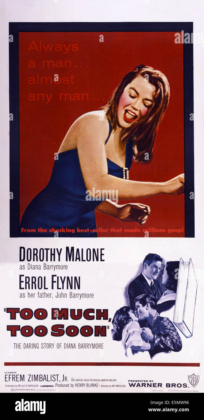 TOO MUCH, TOO SOON, US poster art, Dorothy Malone, Errol Flynn, 1958 Stock Photo