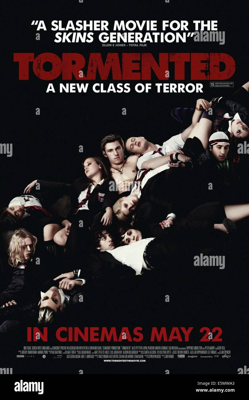 TORMENTED, British poster art, April Pearson (top, left of center), Alex Pettyfer (top, center), Georgia King (laying down, Stock Photo