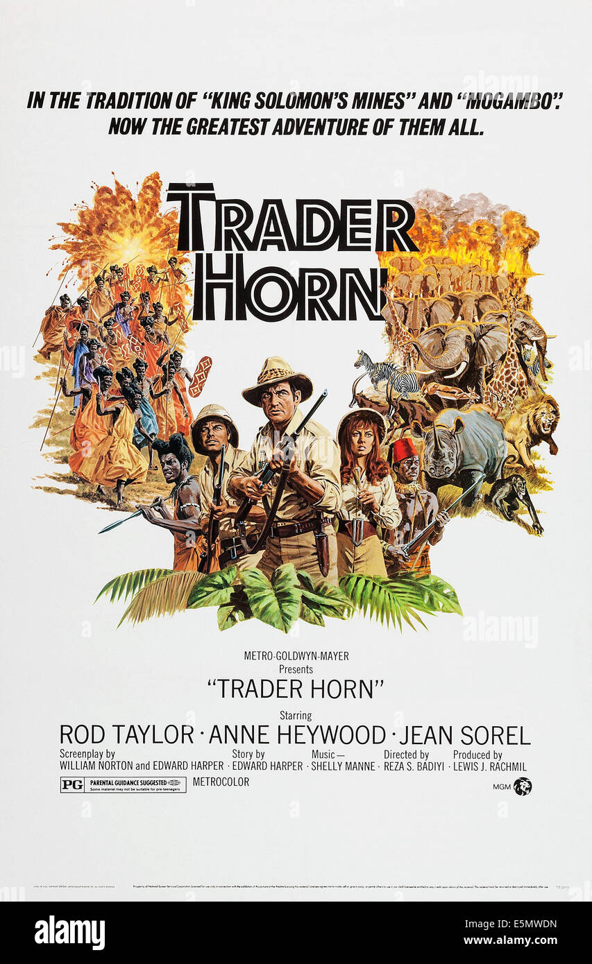 TRADER HORN, US poster, left from second left: Jean Sorel, Rod Taylor, Anne Heywood, 1973 Stock Photo