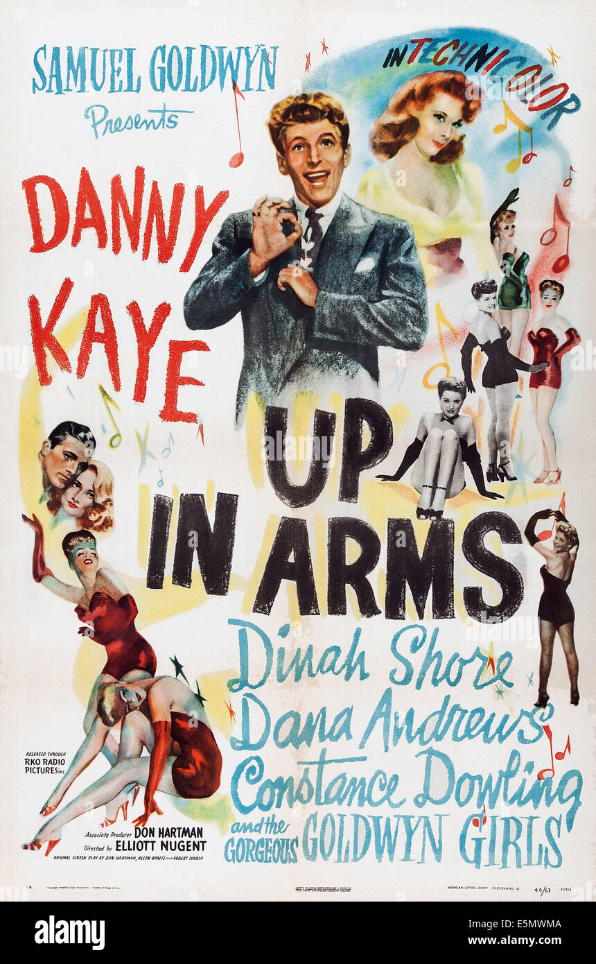 UP IN ARMS, US poster, cheek to cheek from left: Dana Andrews, Constance Dowling, Danny Kaye (center), Dinah Shore (top), 1944 Stock Photo