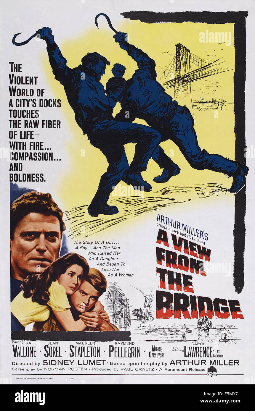 A VIEW FROM THE BRIDGE, (aka VU DU PONT), US poster art, from left: Raf Vallone, Carol Lawrence, Jean Sorel, 1962 Stock Photo