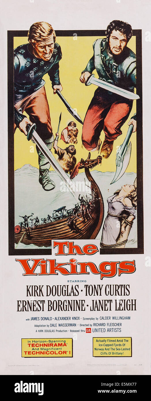 THE VIKINGS, US poster art, top left to right: Kirk Douglas, Tony Curtis, bottom right: Janet Leigh,  1958 Stock Photo