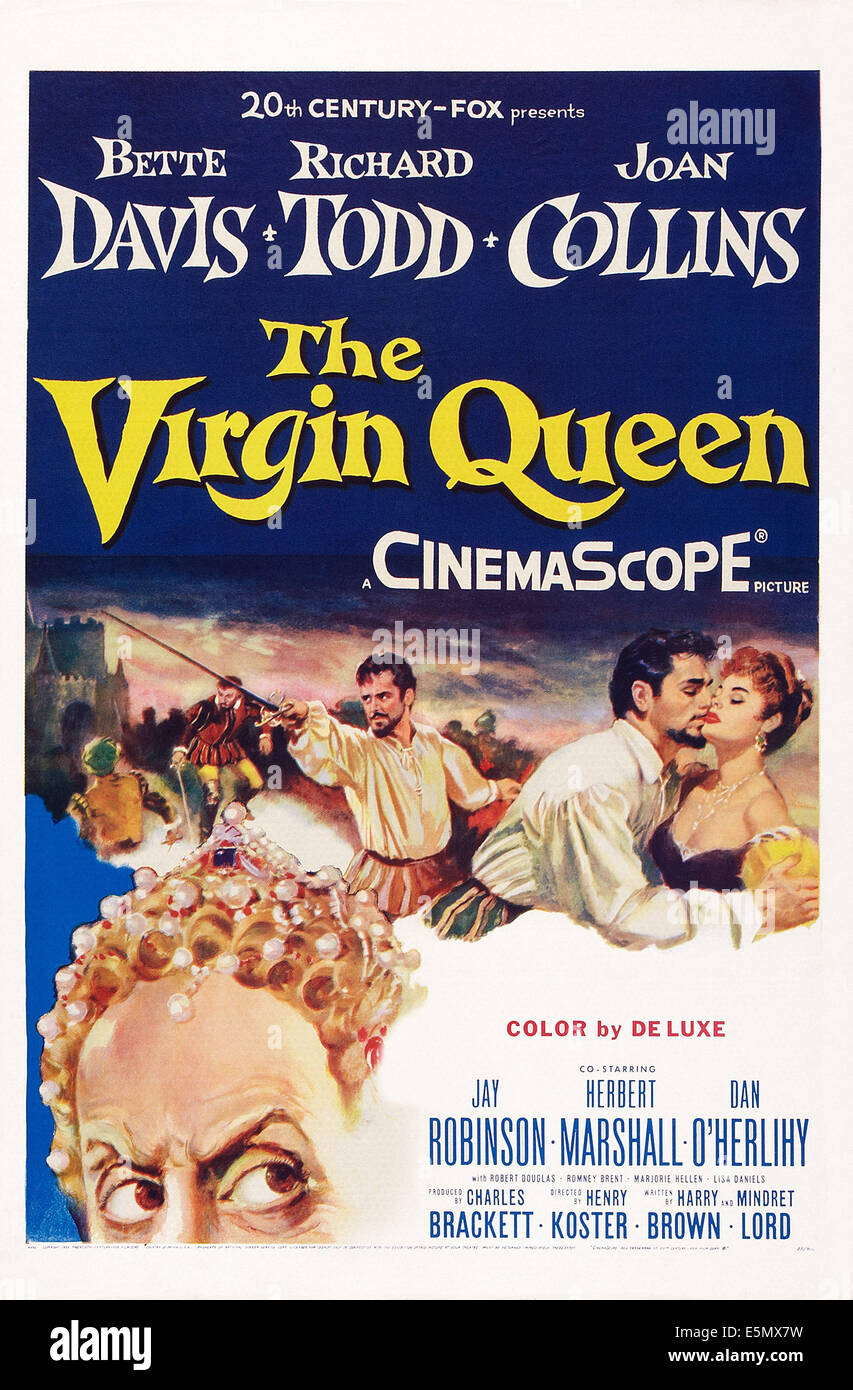 THE VIRGIN QUEEN, poster art, l-r: Bette Davis, Richard Todd, Joan Collins, 1955, TM and Copyright ©20th Century Fox Film Corp. Stock Photo