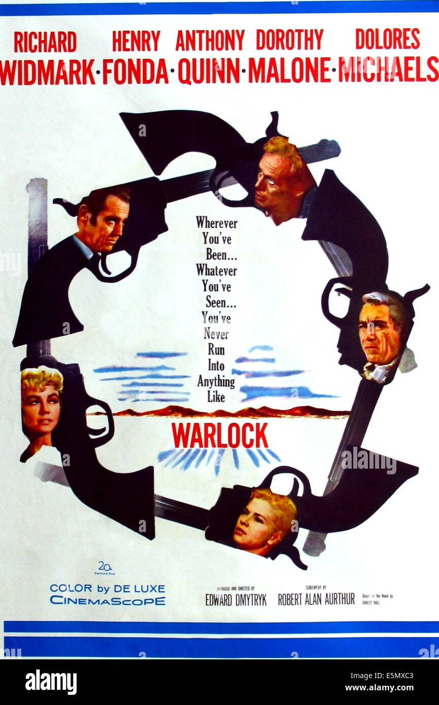 WARLOCK, clockwise from top left: Henry Fonda, Richard Widmark, Anthony Quinn, Dorothy Malone, Dolores Michaels on poster art, Stock Photo