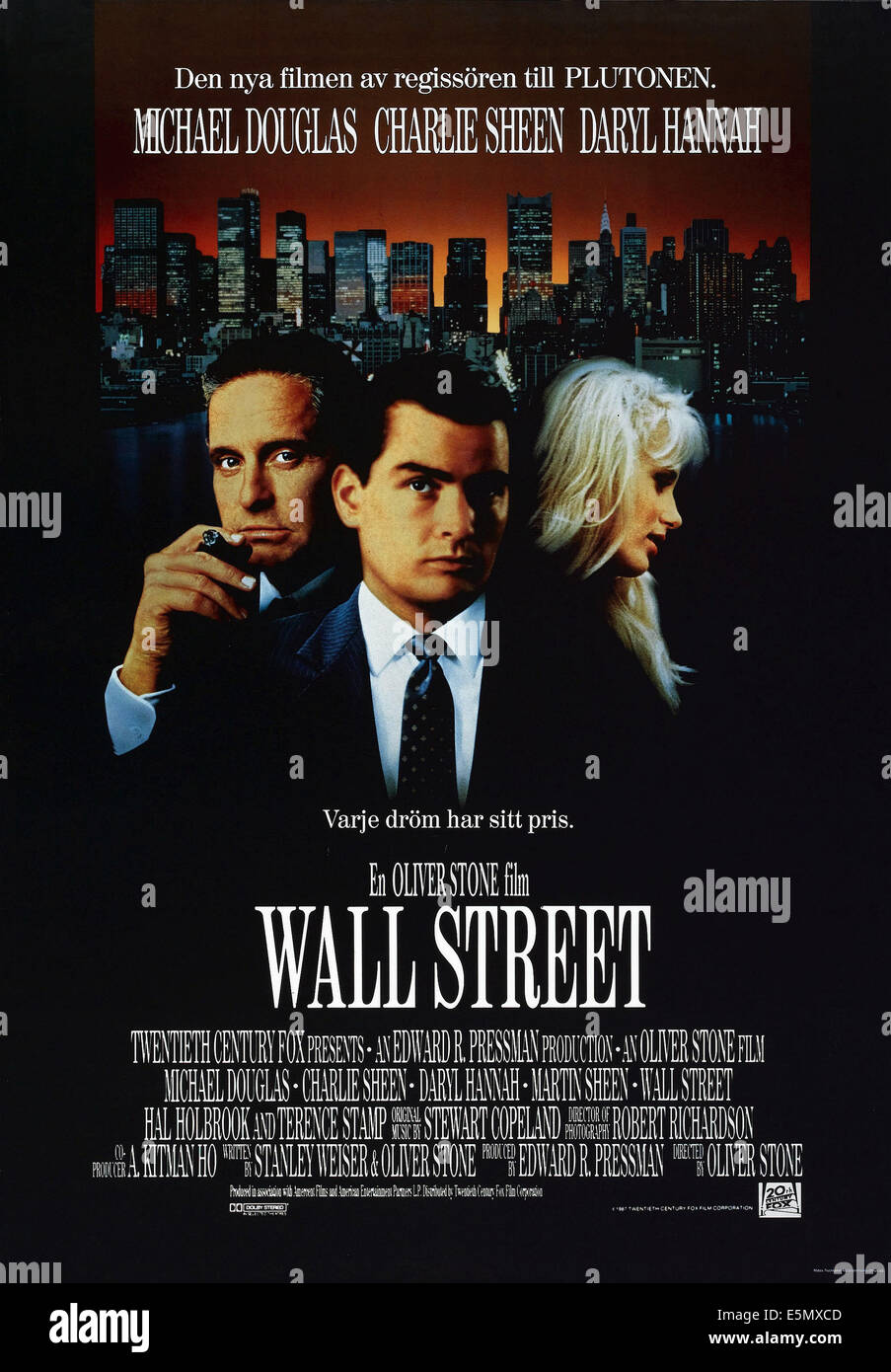 WALL STREET, Swedish poster art, from left: Michael Douglas, Charlie Sheen, Daryl Hannah, 1987, TM & Copyright © 20th Century Stock Photo