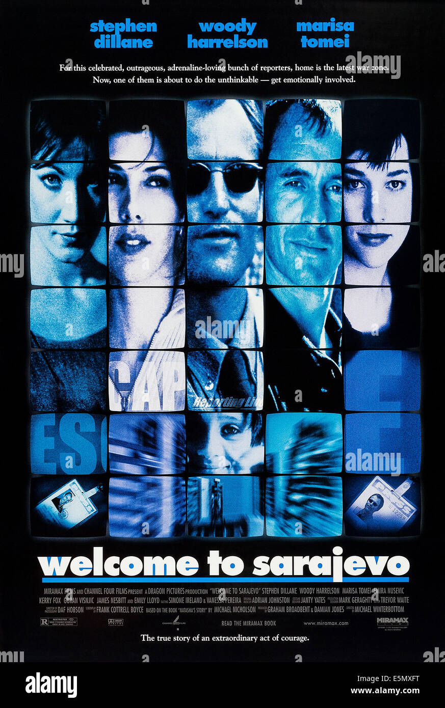 WELCOME TO SARAJEVO, US poster art, from left: Kerry Fox, Marisa Tomei, Woody Harrelson, Stephen Dillane, Emira Nusevic, 1997, Stock Photo