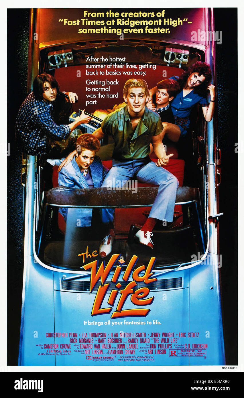 THE WILD LIFE, US POSTER, from left: Ilan Mitchell-Smith, Jenny Wright, Christopher Penn, Eric Stoltz, Lea Thompson, 1984. © Stock Photo