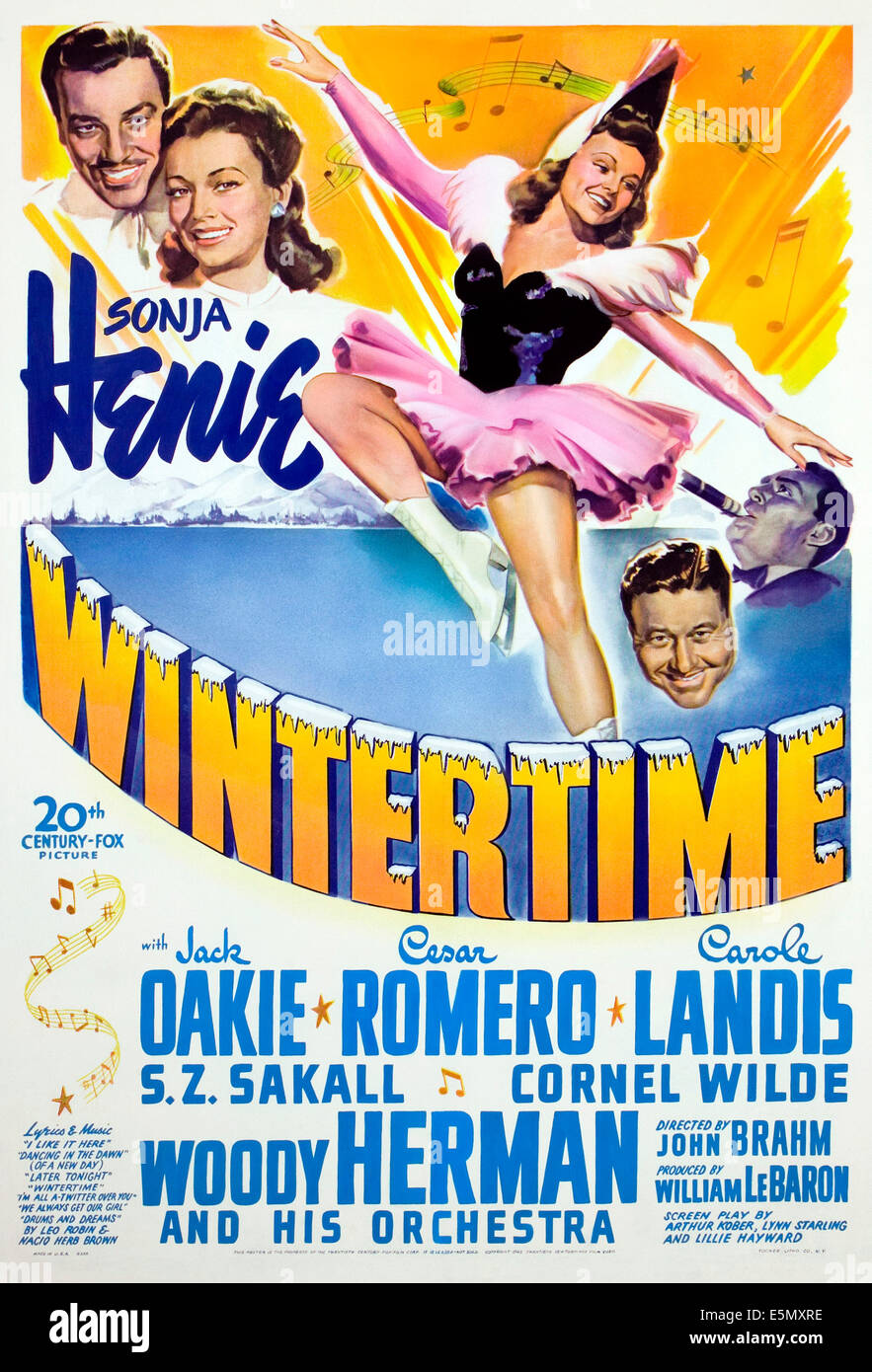 WINTERTIME, Cesar Romero, Carole Landis, Sonja Henie, Jack Oakie, Woody Herman, 1943. Stock Photo
