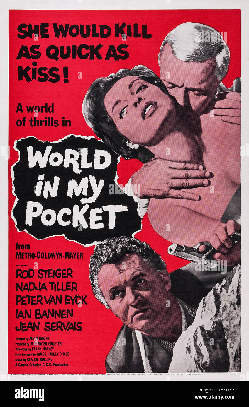 THE WORLD IN MY POCKET, (aka AN EINEM FREITAG UM HALB ZWOLF), US poster art, from bottom left: Rod Steiger, Nadja Tiller, Stock Photo