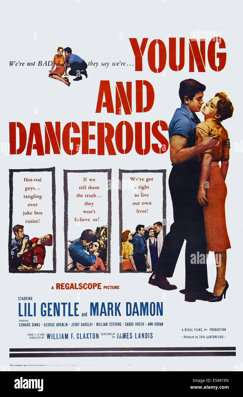 YOUNG AND DANGEROUS, US poster art, from left: Mark Damon, Lili Gentle, 1957. TM & Copyright © 20th Century Fox Film Corp. All Stock Photo