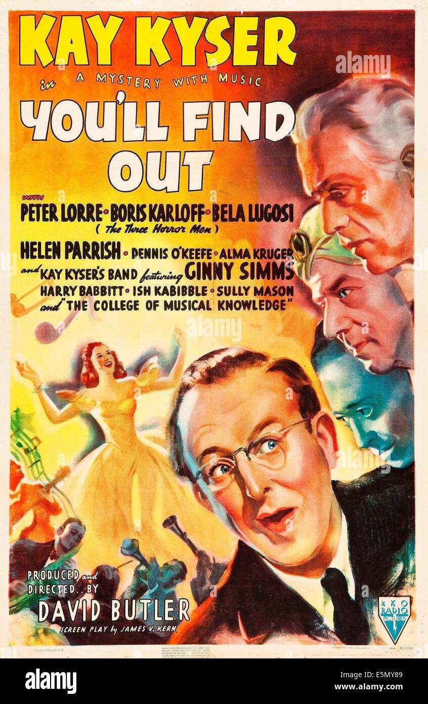 YOU'LL FIND OUT, US poster, from top: Boris Karloff, Bela Lugosi, Peter Lorre, Kay Kyser, 1940 Stock Photo