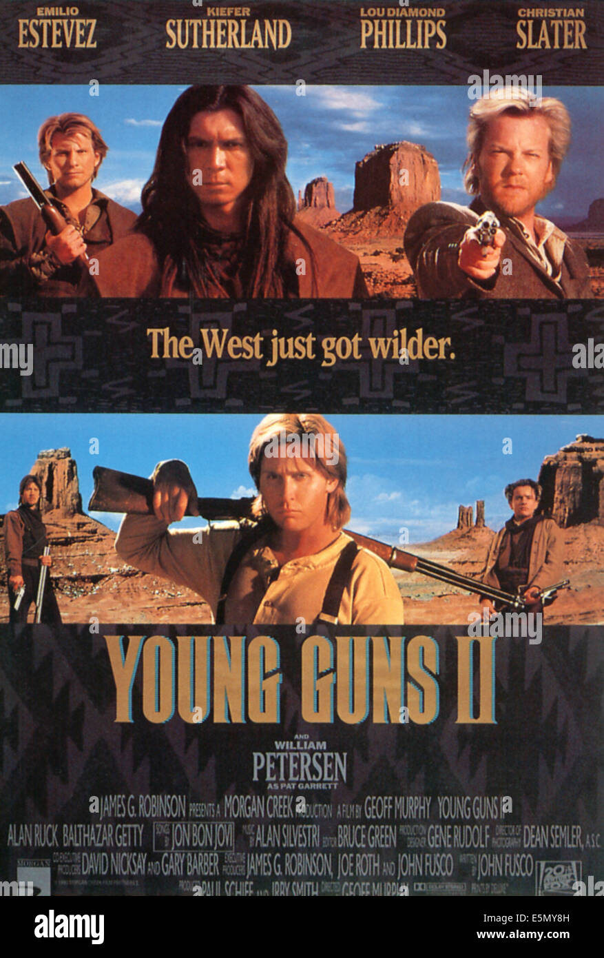 YOUNG GUNS II, top l-r: Christian Slater, Lou Diamond Phillips, Kiefer Sutherland, Alan Ruck, Balthazar Getty on poster art, Stock Photo