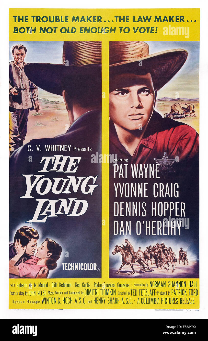 THE YOUNG LAND, poster art, top left: Dennis Hopper, top right: Patrick Wayne, bottom l-r: Patrick Wayne, Yvonne Craig, 1959. Stock Photo