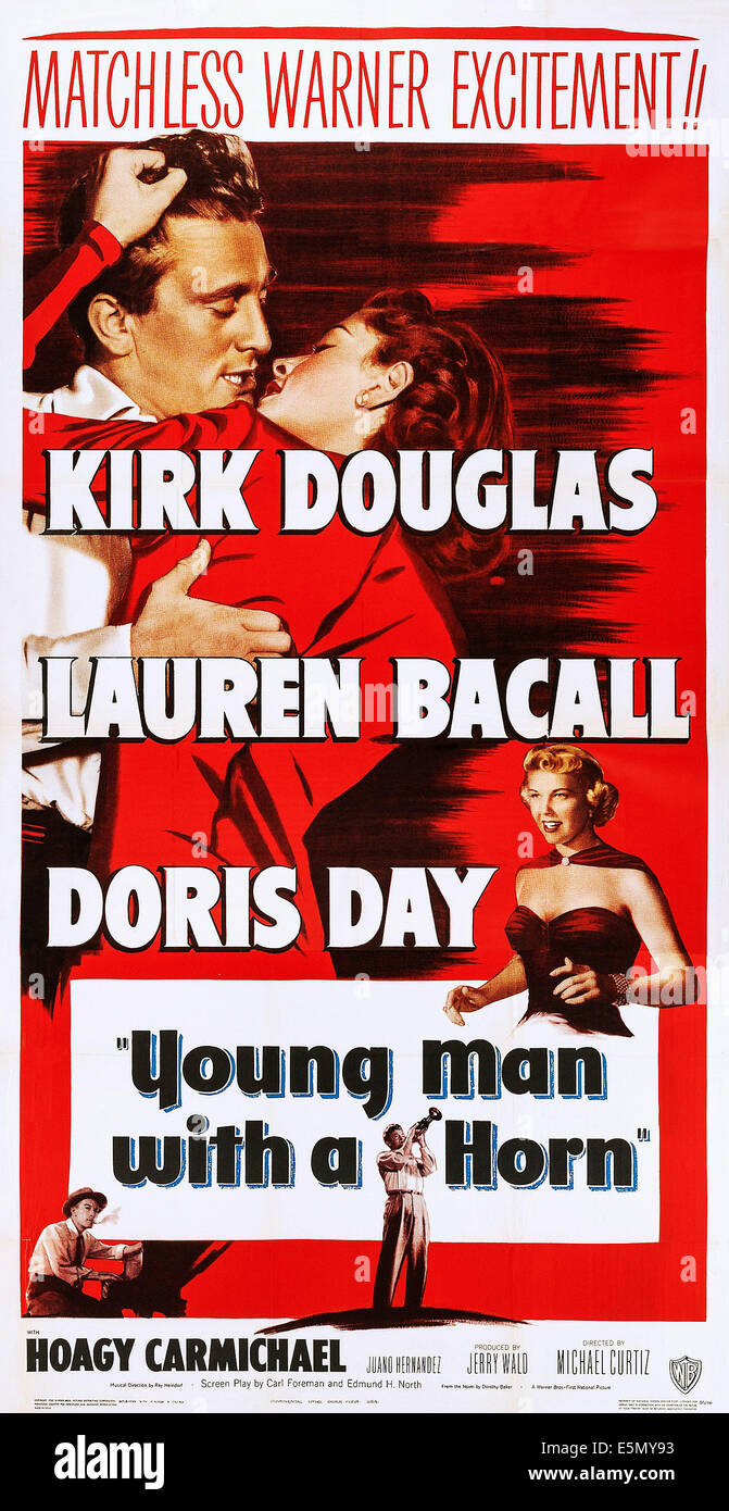 YOUNG MAN WITH A HORN, US poster, top from left: Kirk Douglas, Lauren Bacall, Doris Day, Hoagy Carmichael (bottom left), 1950 Stock Photo