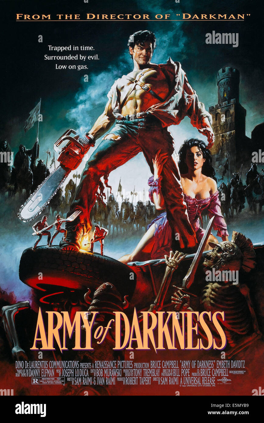ARMY OF DARKNESS, US poster art, Bruce Campbell, Embeth Davidtz, 1992, ©Universal Pictures/courtesy Everett Collection Stock Photo