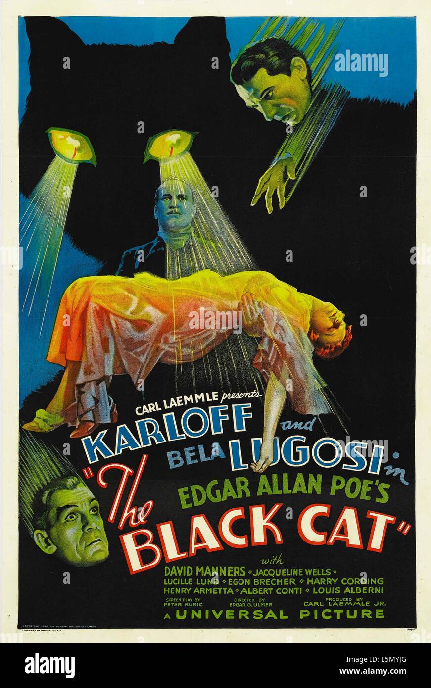 THE BLACK CAT, Boris Karloff, Harry Cording, Jacqueline Wells [Julie Bishop], Bela Lugosi, 1934 Stock Photo