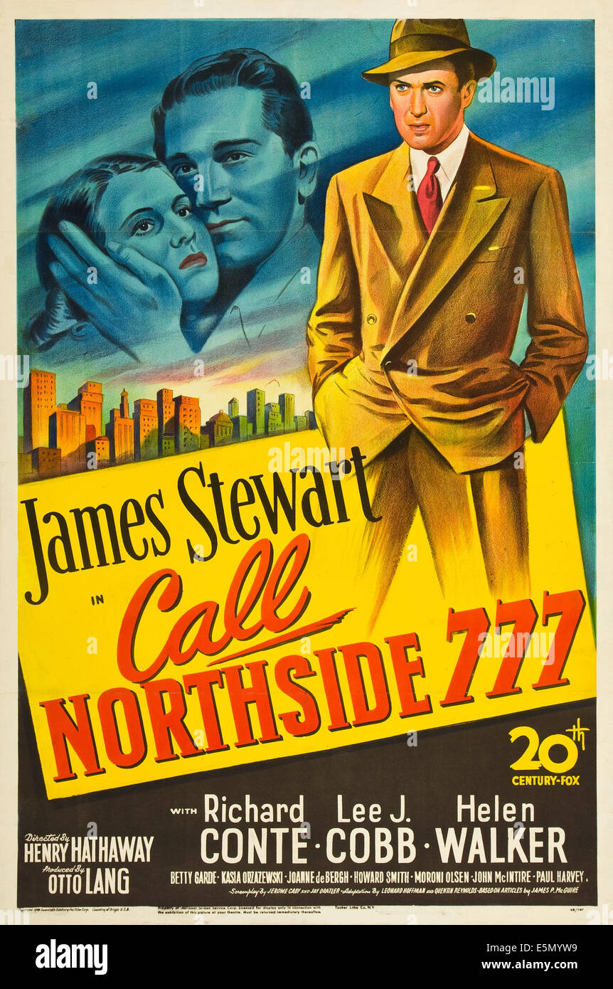 CALL NORTHSIDE 777, from left: Helen Walker, Richard Conte, James Stewart, 1948, TM and Copyright ©20th Century Fox Film Corp. Stock Photo