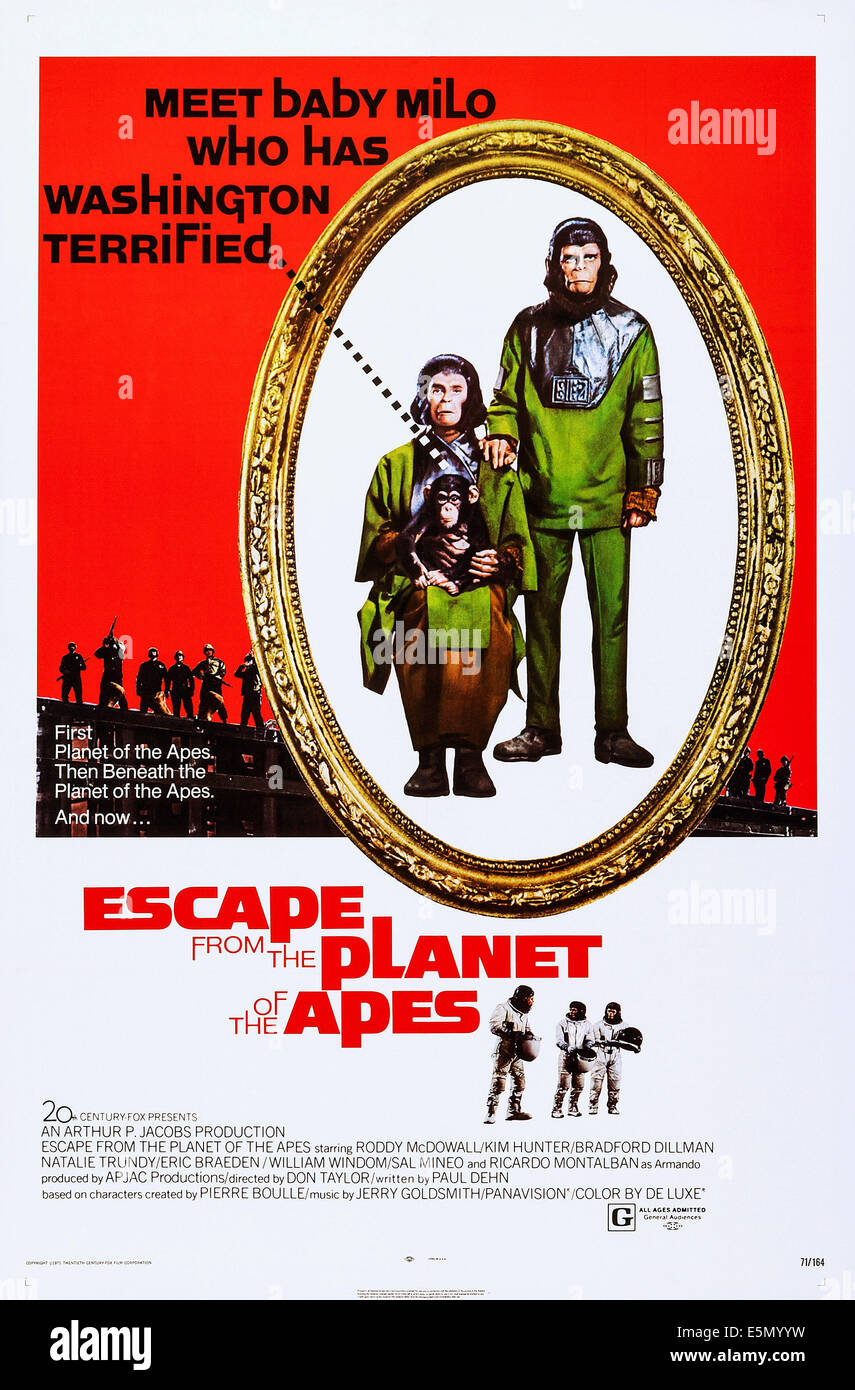 ESCAPE FROM THE PLANET OF THE APES, Kim Hunter, Roddy McDowall, 1971, TM and Copyright ©20th Century Fox Film Corp. All rights Stock Photo