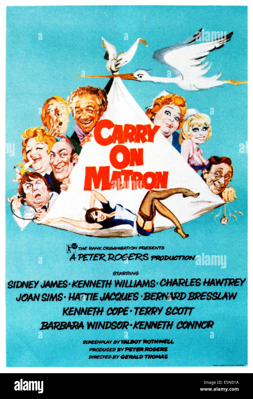 CARRY ON MATRON, l-r: Terry Scott, Kenneth Williams, Sid James, far right: Charles Hawtrey on poster art, 1972. Stock Photo