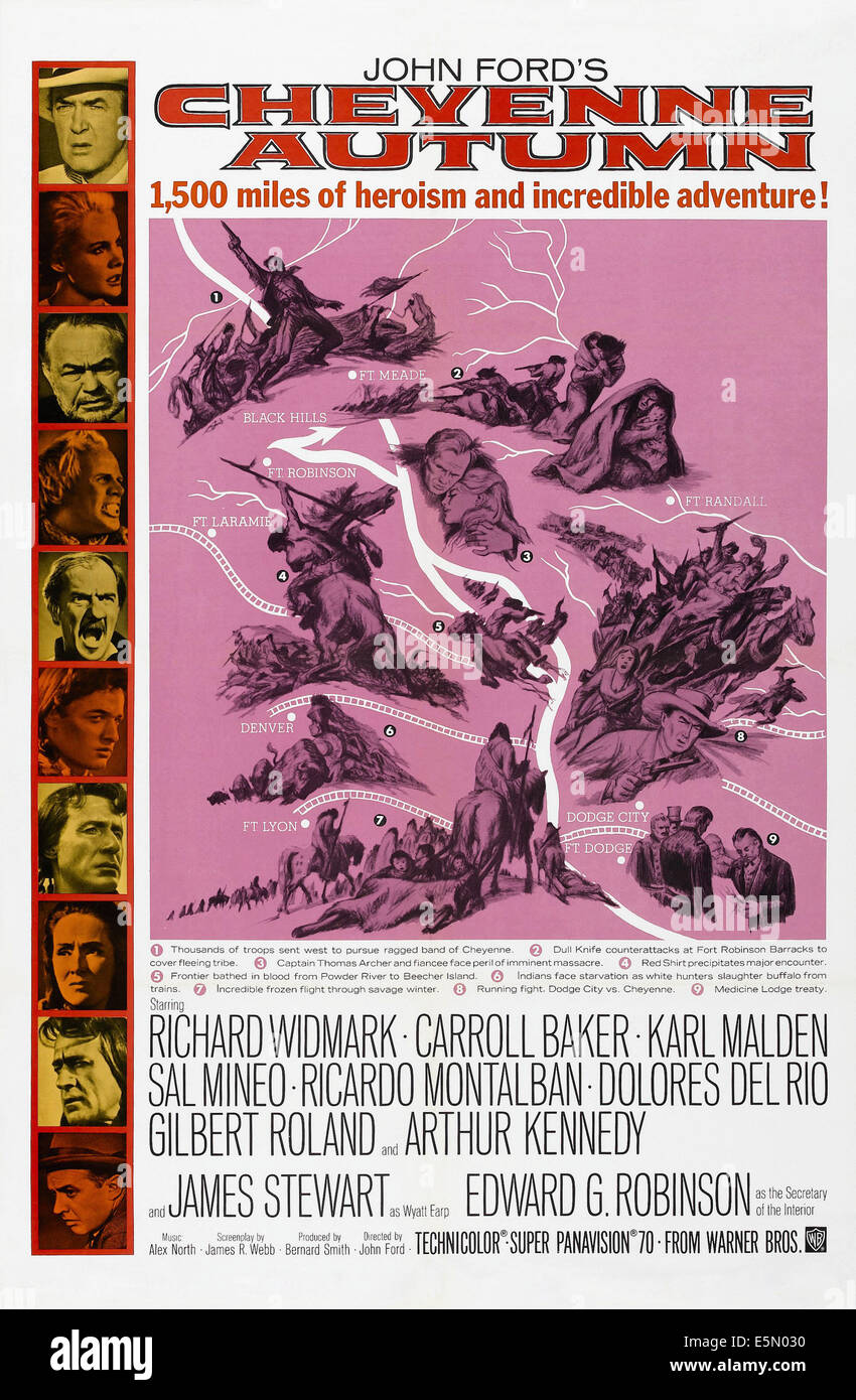 CHEYENNE AUTUMN, left from top: James Stewart, Carroll Baker, Edward G. Robinson, Richard Widmark, Karl Malden, Sal Mineo, Stock Photo