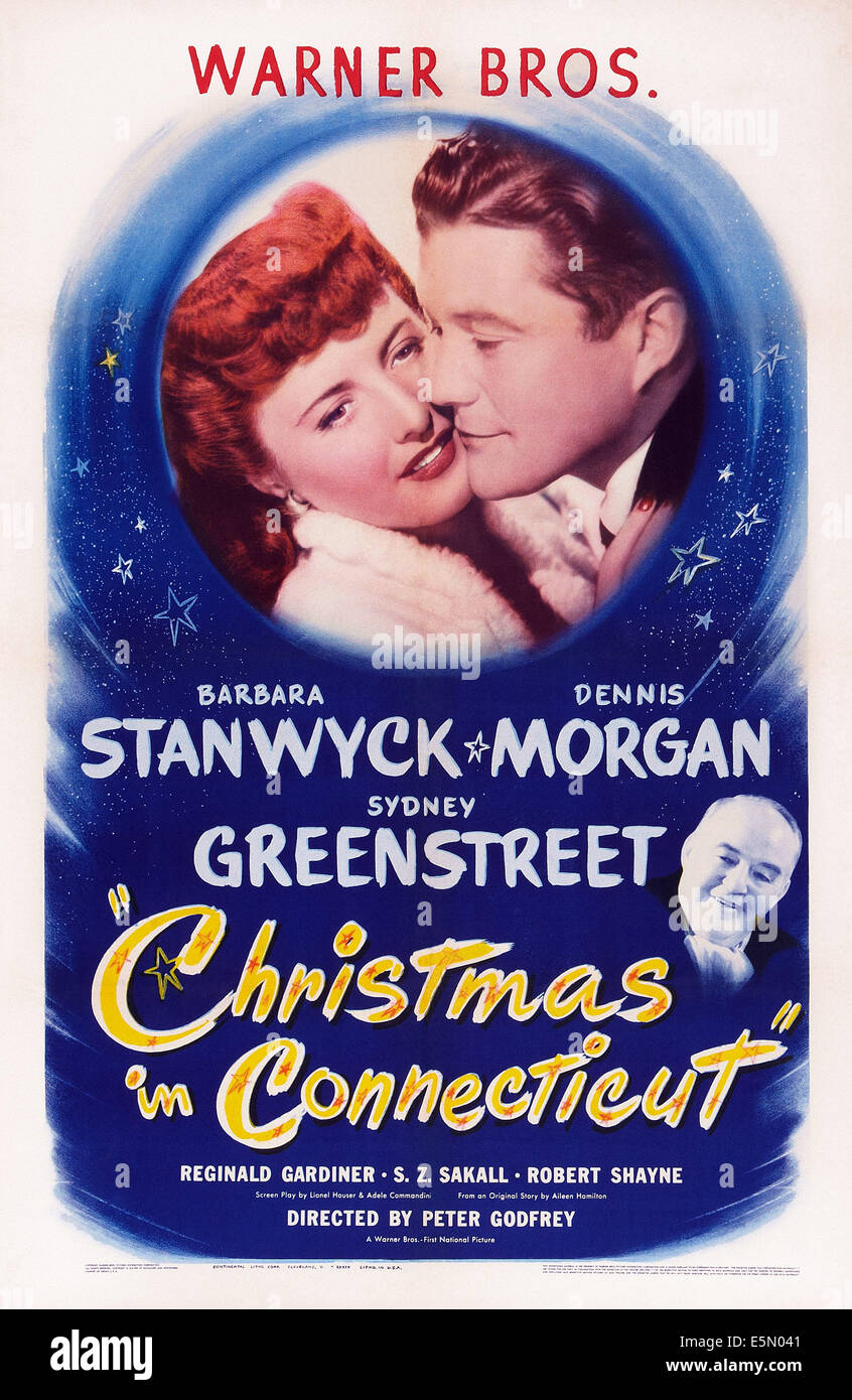 CHRISTMAS IN CONNECTICUT, US poster art, top from left: Barbara Stanwyck, Dennis Morgan, bottom: Sydney Greenstreet, 1945. Stock Photo