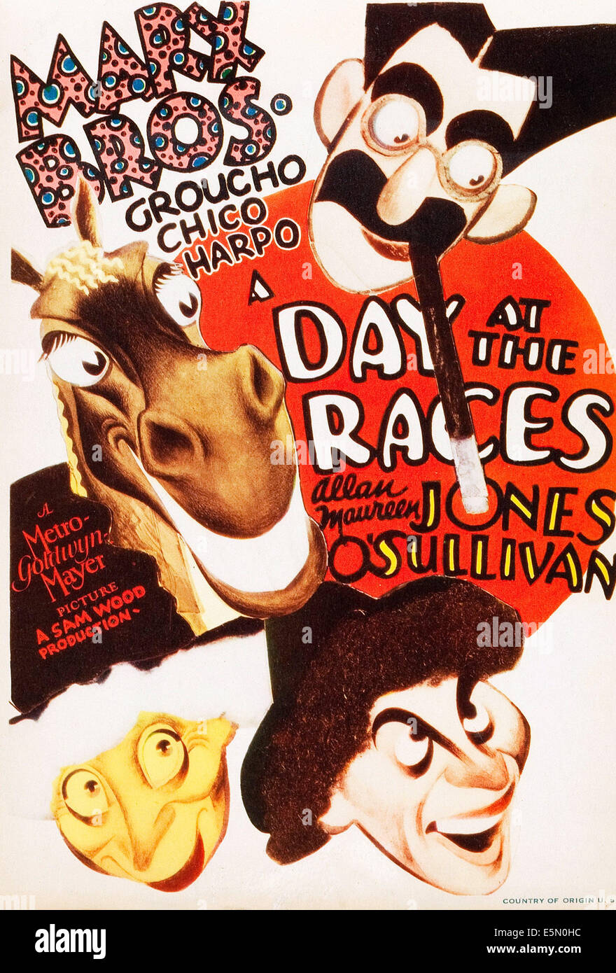 A DAY AT THE RACES, The Marx Brothers clockwise from top: Groucho Marx, Chico Marx, Harpo Marx on mini window card, 1937 Stock Photo