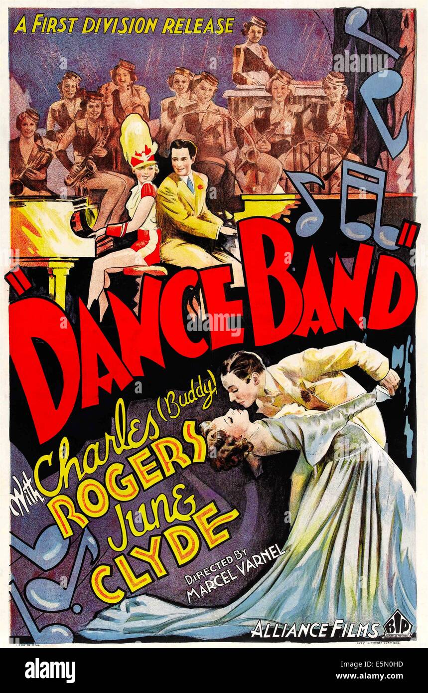 DANCE BAND, top and bottom from left: June Clyde, Charles 'Buddy' Rogers, 1935. Stock Photo