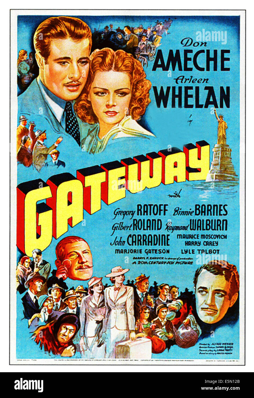 GATEWAY, top from left: Don Ameche, Arleen Whelan, bottom left: Gregory Ratoff, far right: Gilbert Roland on poster art, 1938, Stock Photo