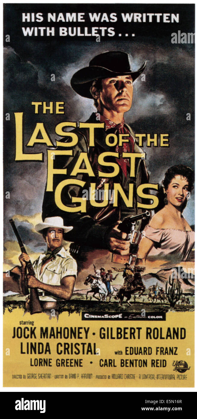 THE LAST OF THE FAST GUNS, from bottom left: Gilbert Roland, Jock Mahoney, Linda Cristal, 1958. Stock Photo