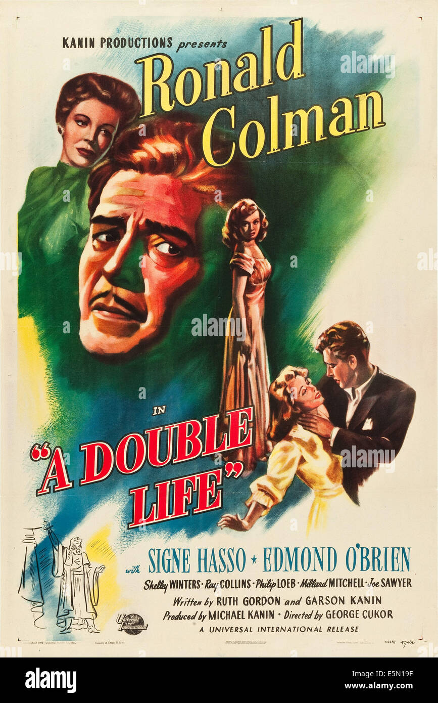 A DOUBLE LIFE, l-r: Signe Hasso, Ronald Colman, Shelley Winters on poster art, 1947. Stock Photo