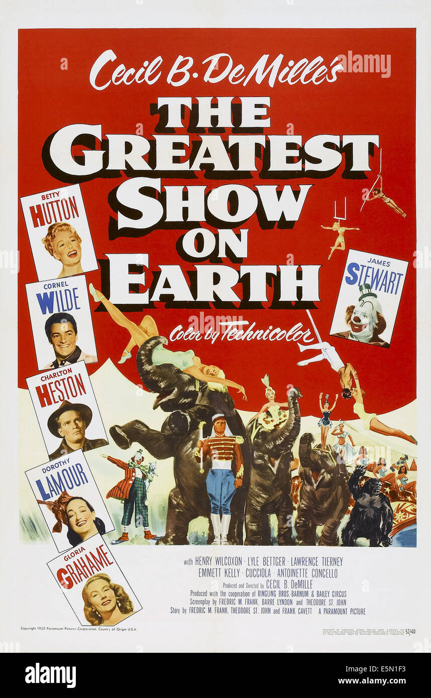 THE GREATEST SHOW ON EARTH, US poster art, from top: Betty Hutton, Cornel Wilde, Charlton Heston, Dorothy Lamour, Gloria Stock Photo