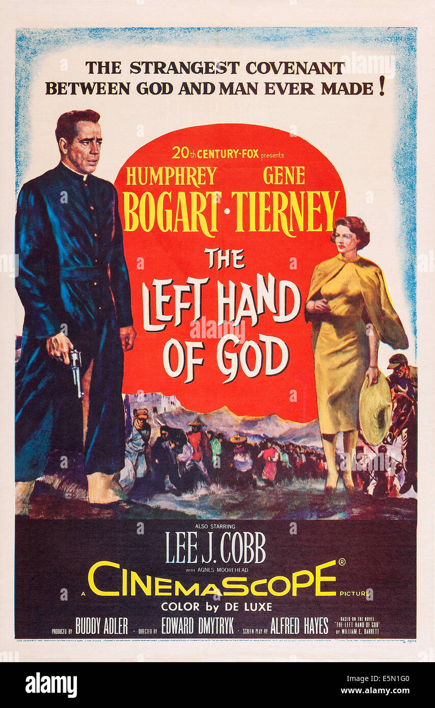 THE LEFT HAND OF GOD, US poster art, from left: Humphrey Bogart, Gene Tierney, 1955, TM and Copyright ©20th Century Fox Film Stock Photo