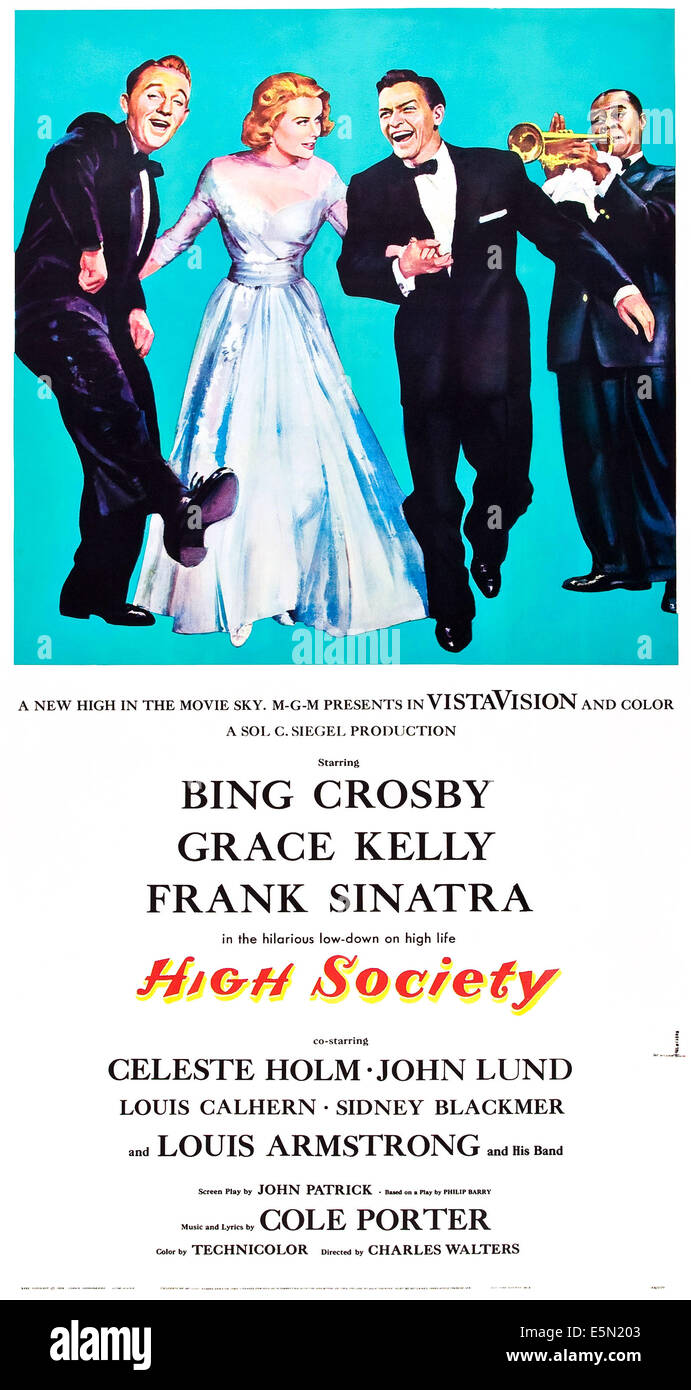 HIGH SOCIETY, from left: Bing Crosby, Grace Kelly, Frank Sinatra, Louis Armstrong, 1956. Stock Photo