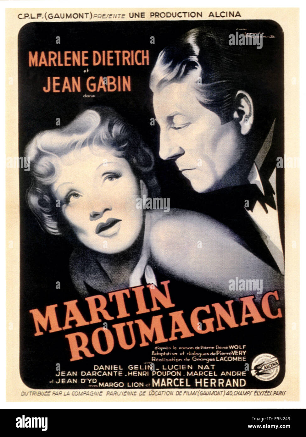 MARTIN ROUMAGNAC, from left: Marlene Dietrich, Jean Gabin on French poster art, 1946. Stock Photo