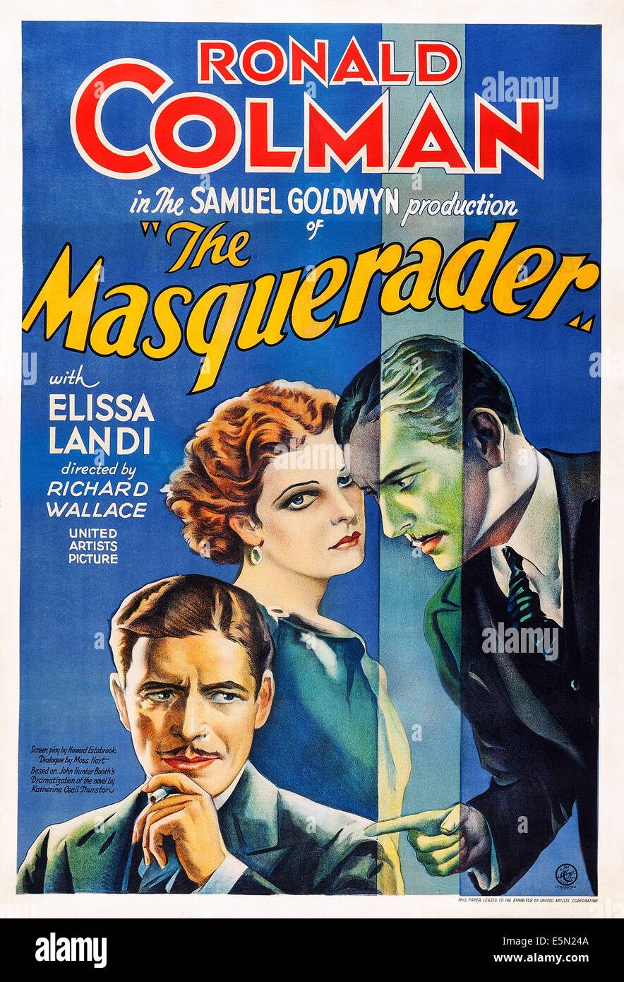 THE MASQUERADER, US poster art, from left: Ronald Colman, Elissa Landi, Ronald Colman, 1933. Stock Photo