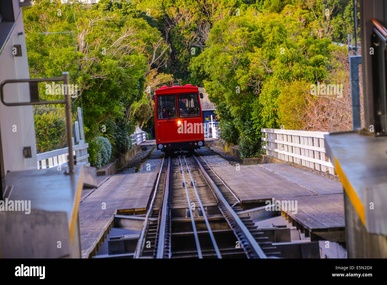 Welington cable car rail tracks and station lambton quay  skyline view of wellington town city. view of cable car with bay Stock Photo