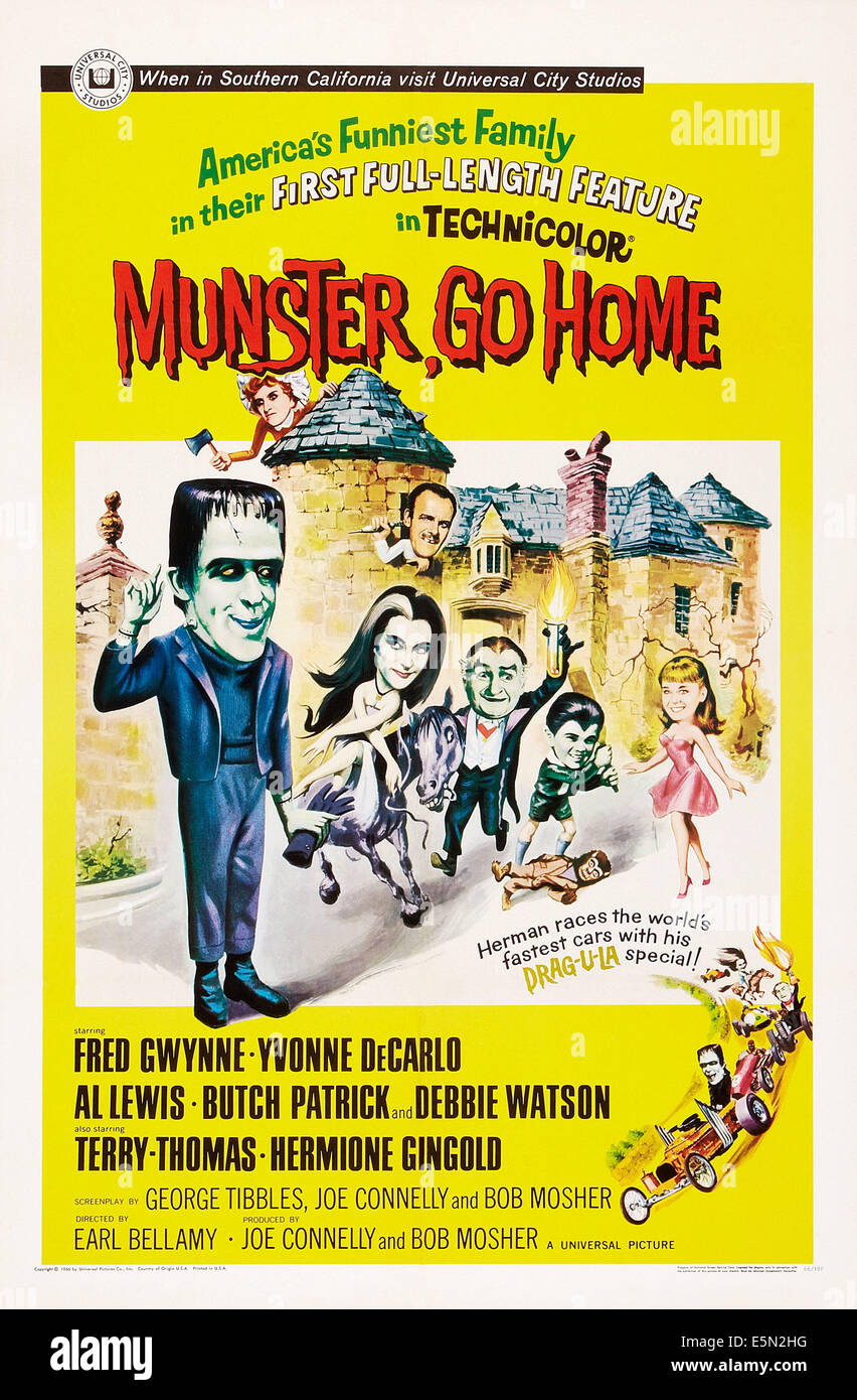 MUNSTER, GO HOME, US poster art, from left: Fred Gwynne, Hermione Gingold, Terry Thomas, Yvonne DeCarlo, Al Lewis, Butch Stock Photo
