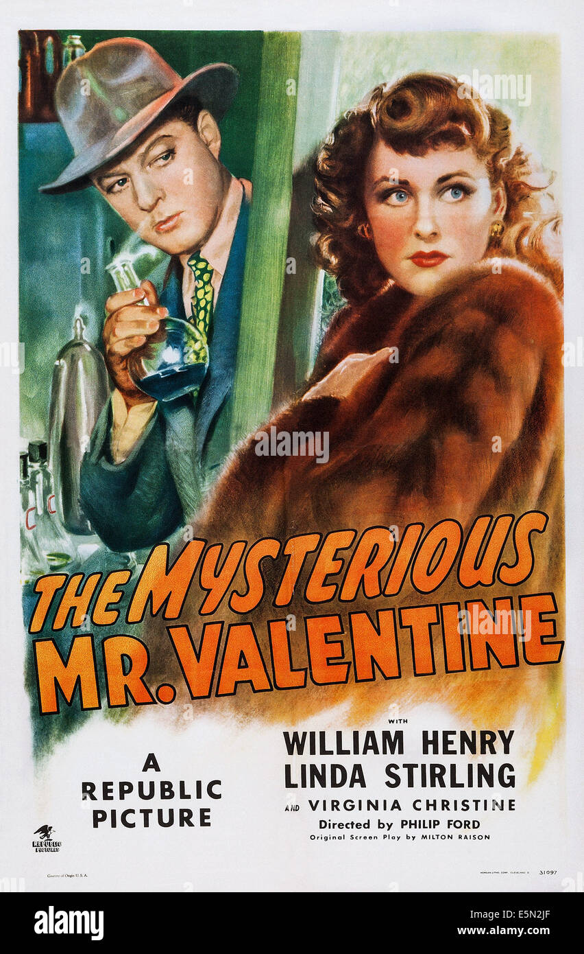 THE MYSTERIOUS MR. VALENTINE, US poster art, from left: William Henry, Linda Stirling, 1946. Stock Photo