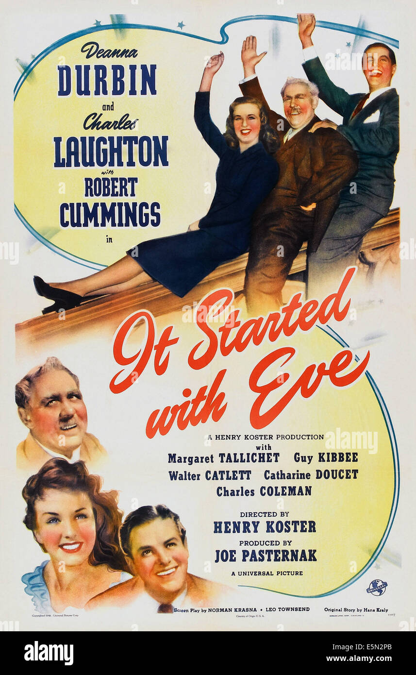 IT STARTED WITH EVE, Deanna Durbin, Charles Laughton, Robert Cummings, Guy Kibbee, Margaret Tallichet, 1941 Poster art Stock Photo
