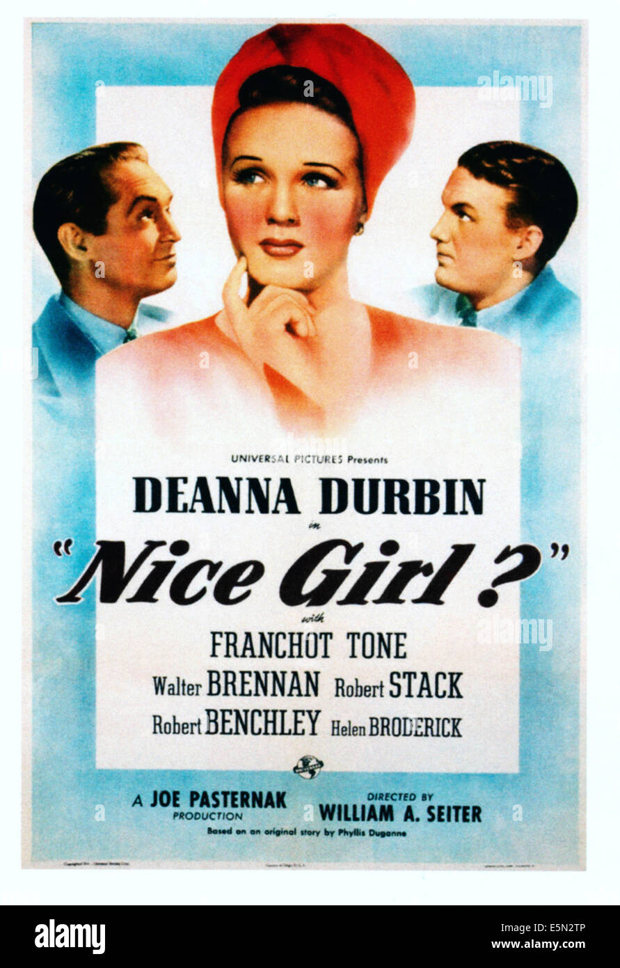 NICE GIRL?, from left: Franchot Tone, Deanna Durbin, Robert Stack on poster art, 1941. Stock Photo