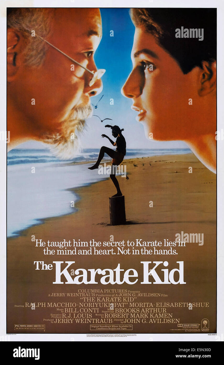 THE KARATE KID, US poster art, from left: Pat Morita, Ralph Macchio, 1984, ©Columbia Pictures/courtesy Everett Collection Stock Photo