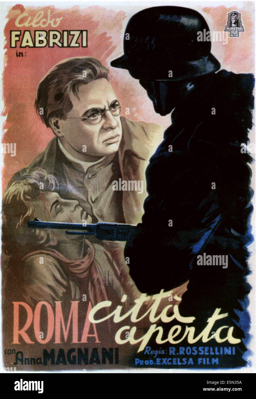 OPEN CITY (aka ROME, OPEN CITY, aka ROMA CITTA APERTA), center: Aldo Fabrizi on Italian poster art, 1946. Stock Photo